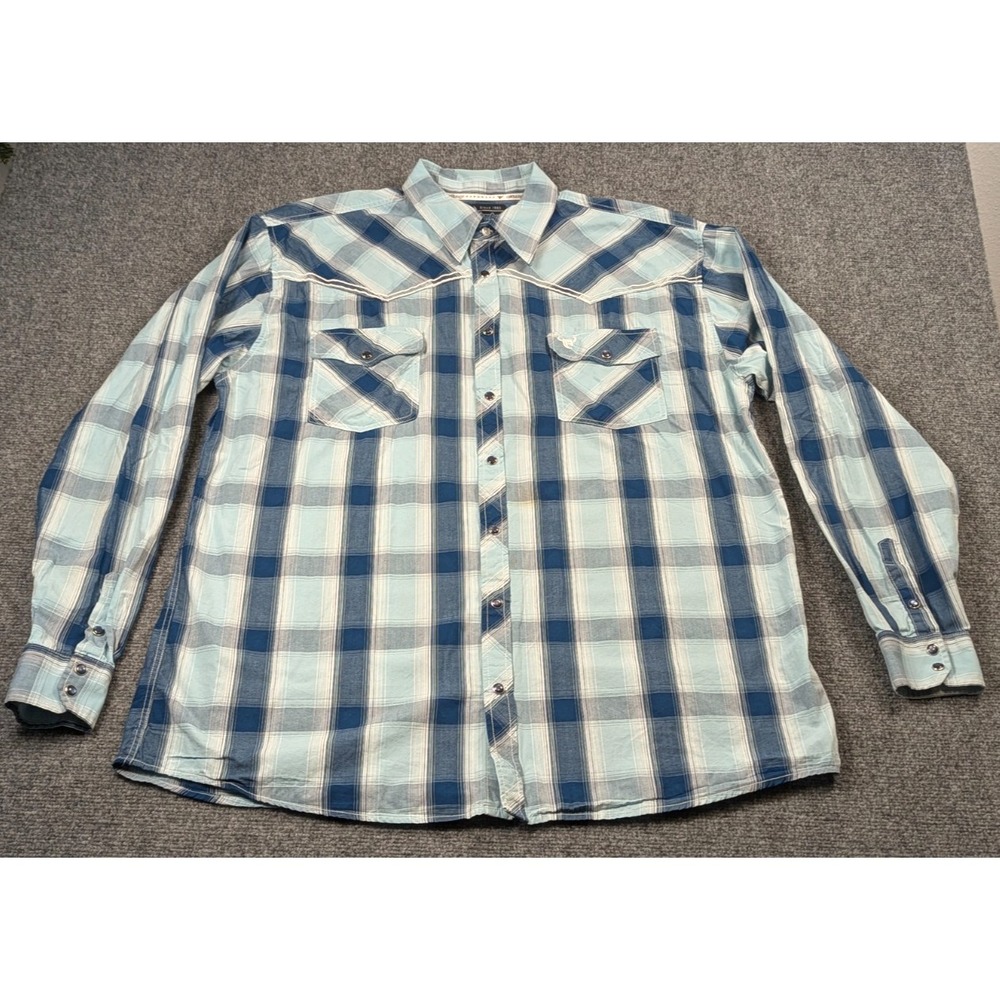 Cowboy Hardware Men's Western Pearl Snap Shirt XL Blue Plaid Long Sleeve 100% Co